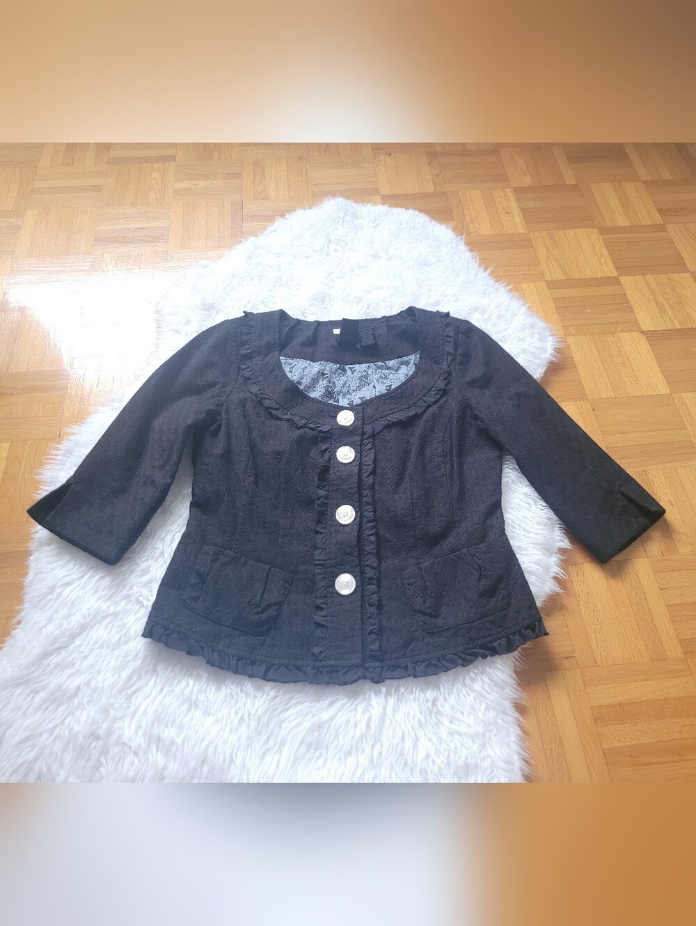 Nick & Mo Black 100% Cotton Button-Front Coquette Peplum Jacket 3/4 Sleeves S